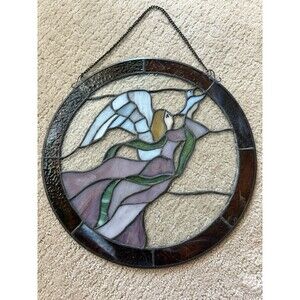 Beautiful Vintage Stained Glass Suncatcher Angel 12” Round Large Ready to Hang!